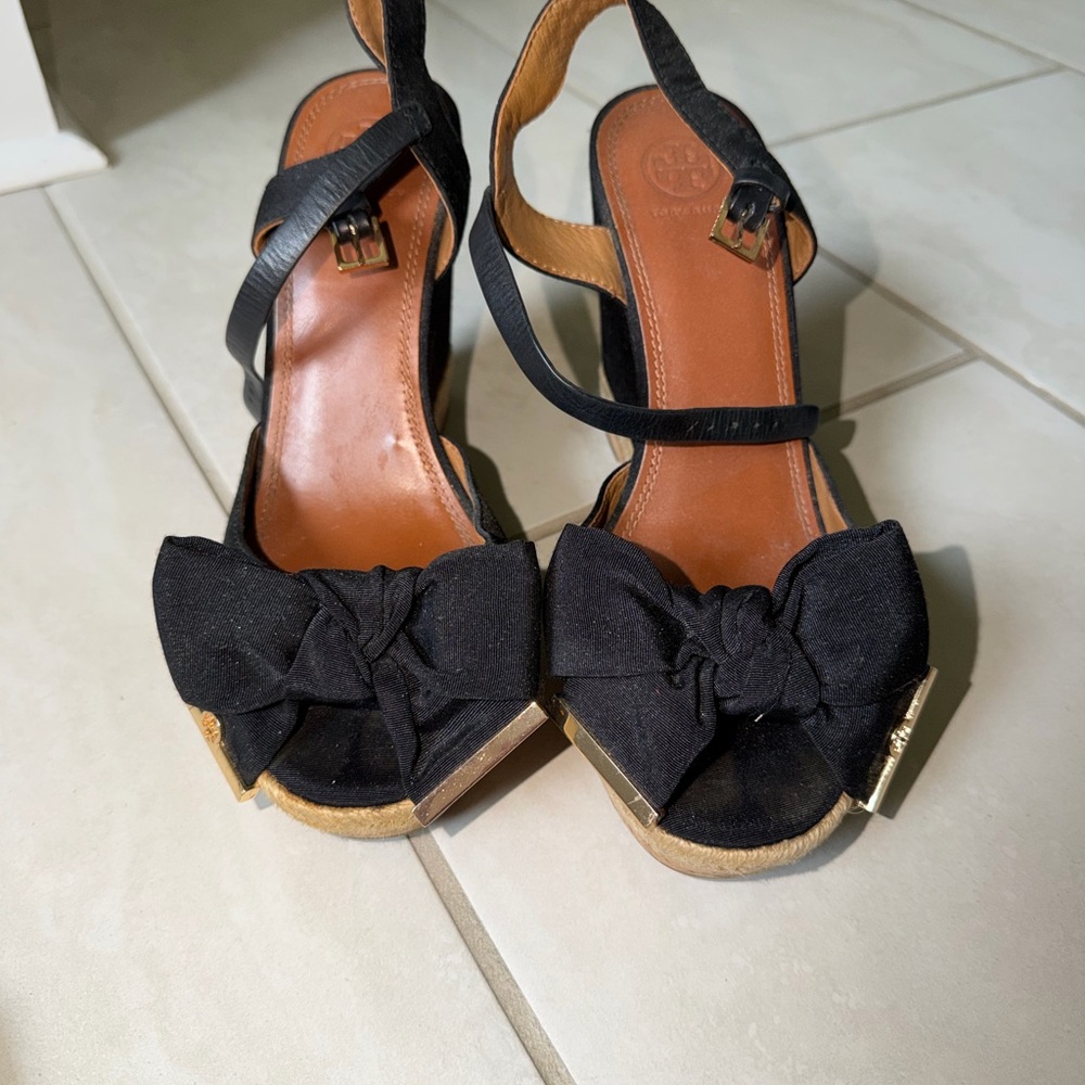 Tory Burch Black Bow Espadrille Slingback Wedges with Gold Accent